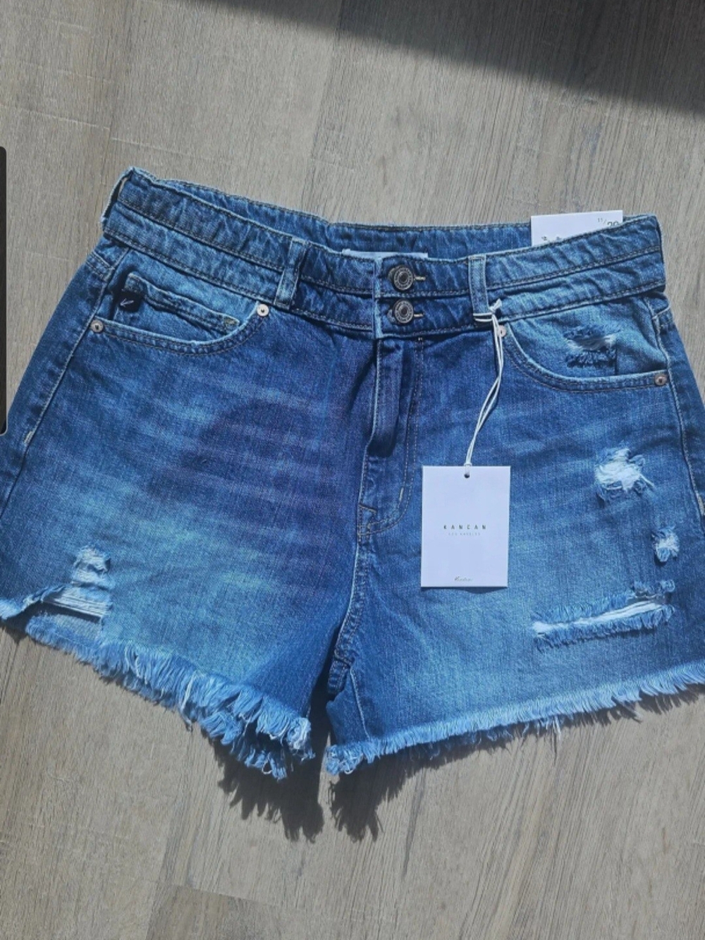KanCan Blue Distressed Frayed-Hem Denim Shorts